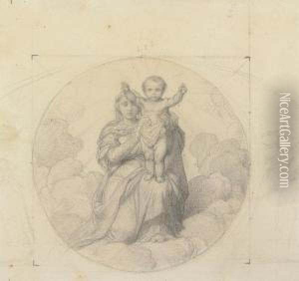 The Virgin And Child, Inscribed In A Circle, With Lightly Indicatedangels Oil Painting - Paul Delaroche