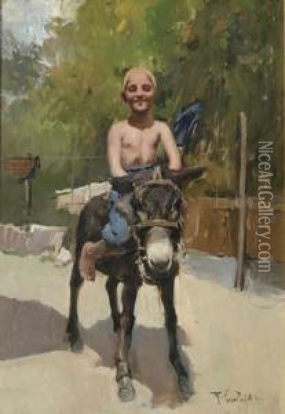 Little Boy Riding Horse Oil Painting - Romualdo Locatelli