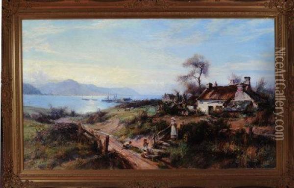 A Coastal Scene With A Mother And Children Outside A Cottage And Shipping In The Middle Distance# Oil Painting - William Gilbert Foster