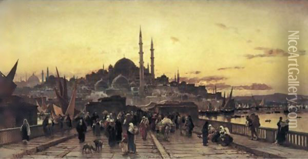 The Galata Bridge And The Yeni Valide Djami, Constantinople Oil Painting - Hermann David Solomon Corrodi