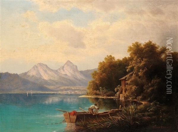 Alpske Jezero Oil Painting - Hugo Ullik