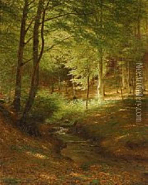 A Clearing In A Beech Forest, Presumably Marselisborg Forest Oil Painting - Andreas Fritz