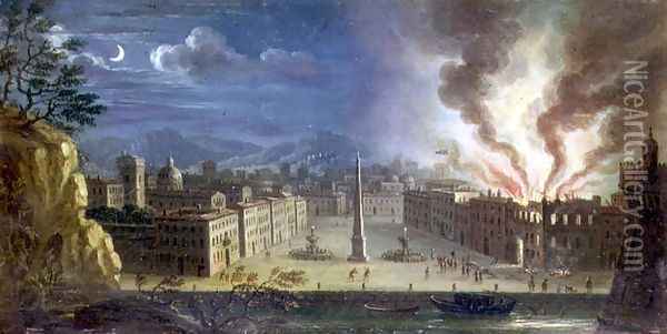 A piazza in an Italianate seaport with a building ablaze by night Oil Painting - Joseph Ruiz