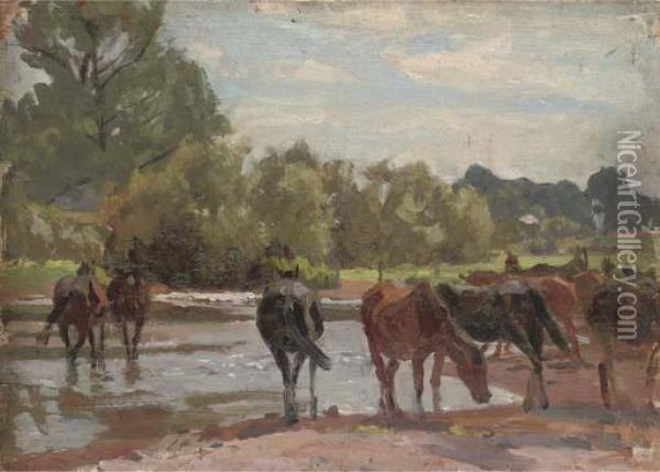 New Forest Ponies At Tyrell's Ford Oil Painting - Algernon Talmage