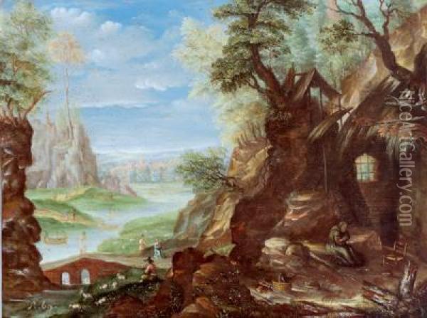 Paesaggio Fluviale Montuoso Con Un Eremita Ed Un Pastore Di Capre Oil Painting - Franz Hartmann