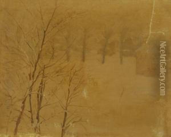 Winter Landscape With Trees And Haystacks Oil Painting - Otto (Henry) Bacher