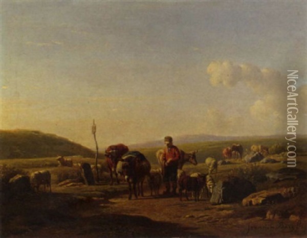 A Farmer And His Cattle In A Hilly Landscape Oil Painting - Simon Van Den Berg