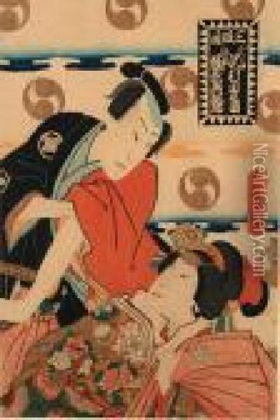 W Teatrze Kabuki- Sandan - Me, Akt Iii, 1862 R. Oil Painting - Kunisada