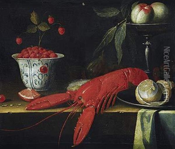 Bodegon Con Langosta, Plato Con Limon Y Otros Objetos Y Frutas Sobre Una Repisa Oil Painting - Jan Davidsz De Heem