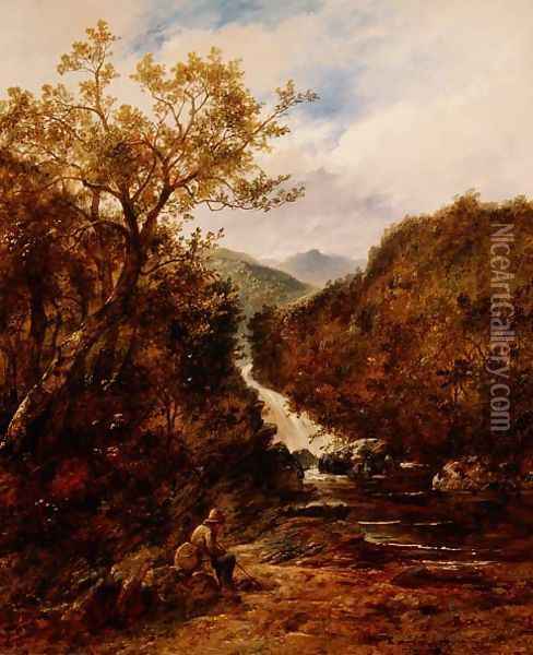 Angler by a Wooded Waterfall Oil Painting - James Charles Ward