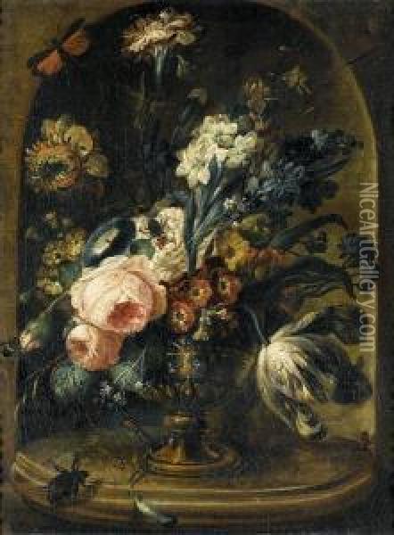 Roses, Tulips And Other Flowers Oil Painting - August Wilhelm Sievert
