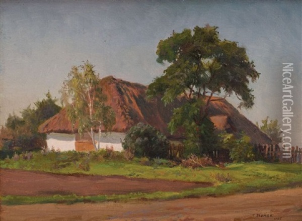 Pejzaz Z Chata Kryta Strzech A Oil Painting - Teodor Ziomek