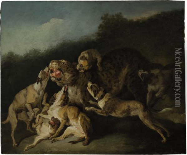 Hunting Scene With A Leopard And Six Dogs Oil Painting - Jean-Baptiste Oudry