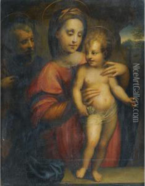 Holy Family, With The Madonna Supporting The Standing Christ Child On A Stone Ledge Oil Painting - Domenico Puligo