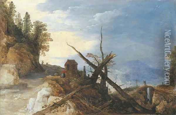 A mountain landscape with a fallen tree on a path, a bridge in the distance Oil Painting - Josse de Momper