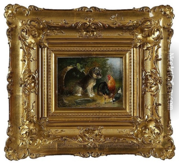 Terrier With Cockerel And Dove, Friends Oil Painting - Julius Scheuerer