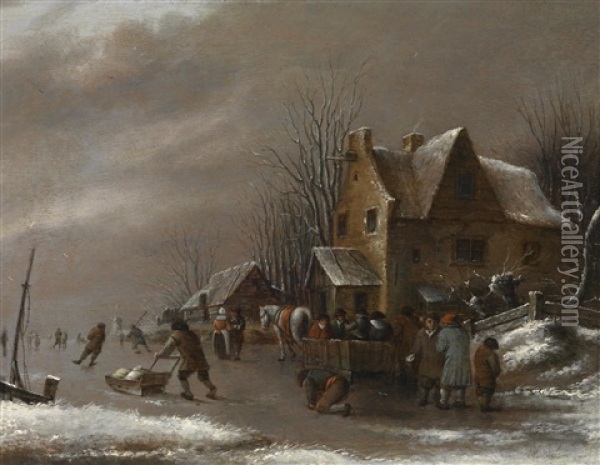 Winterlandschaft Mit Eislaufern Vor Einem Dorf Oil Painting - Nicolaes Molenaer