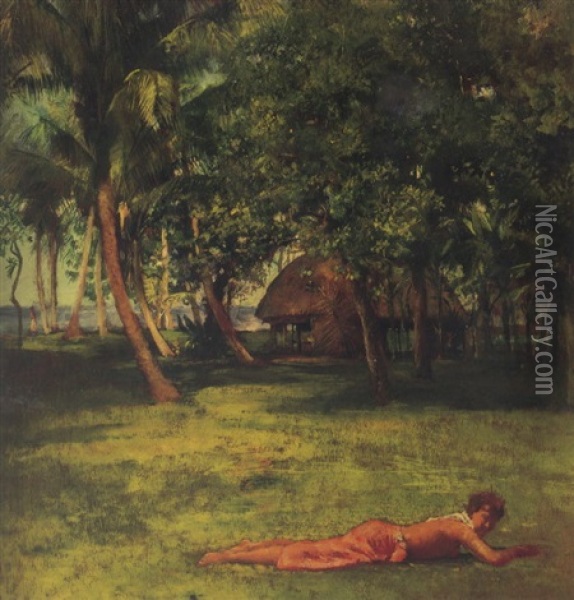 In Front Of Our House, Vaiala - Girl On Grass Oil Painting - John La Farge