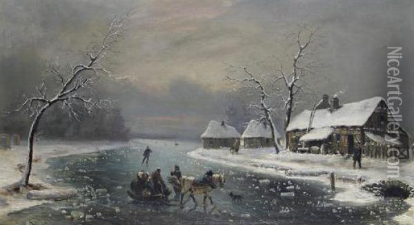 Crossing A Frozen Lake Oil Painting - Louis-Claude Mallebranche