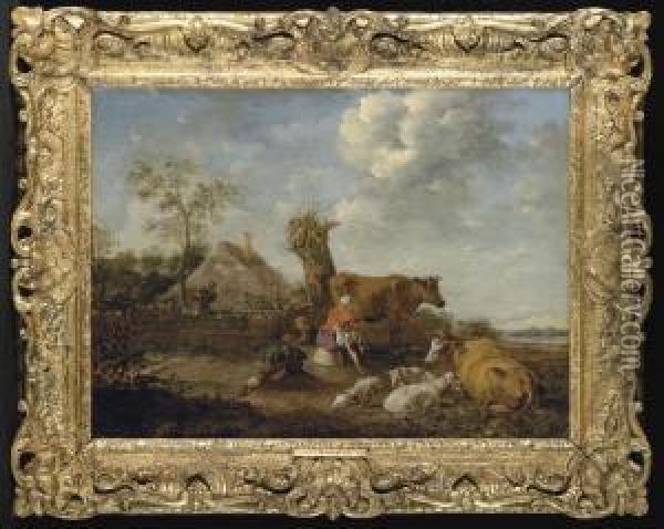 A Pastoral Landscape With A Milkmaid Milking Beside A Cottage Oil Painting - Albert-Jansz. Klomp