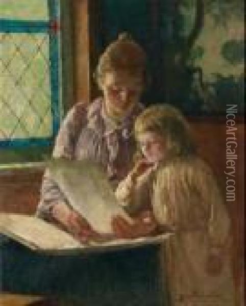 Mother And Child Looking At A Portfolio Oil Painting - Jean Mayne