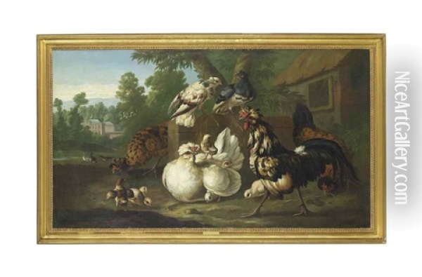 Cockerels, Chicks And Pigeons In A Farmyard, Ducks And Ducklings Near A Pond Beyond, A House Beyond Oil Painting - Pieter Casteels III