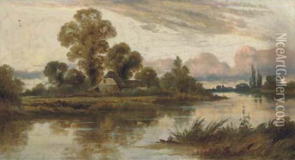 A Summer Evening On The Thames, 
Below Reading; And A Peaceful Dayon The River, Near Pangbourne-on-thames Oil Painting - John Horace Hooper