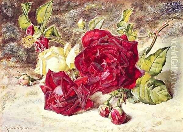 One White and Two Red Roses and Buds Oil Painting - Helen Cordelia Coleman Angell