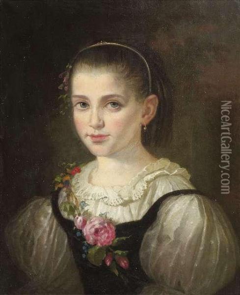 Portrait Of A Young Girl. She Is Wearing A Silk Dress, A Garland Of Roses Is Lying On Her Breast And Shoulder. Oil Painting - Moritz Adler