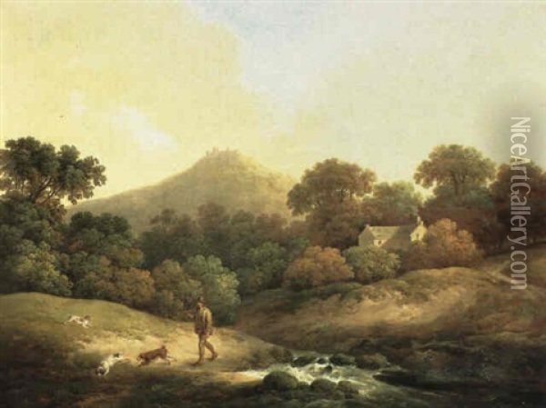 Sportsman With His Dogs In A Wooded Landscape Oil Painting - John Rathbone