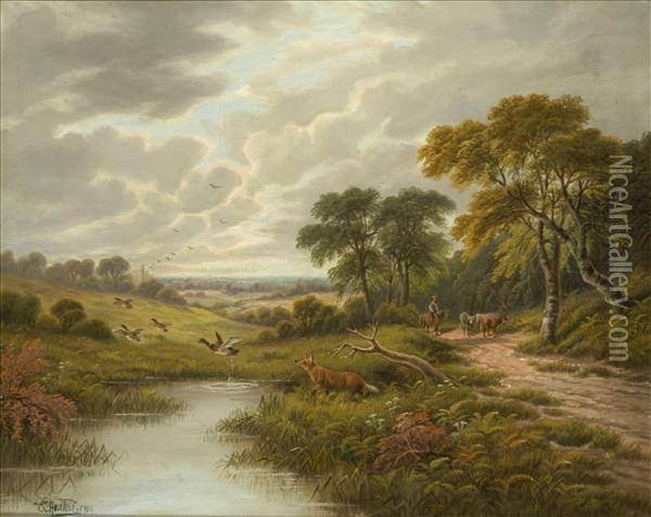 A Fox Putting Up Duck In A River Landscape Oil Painting - Etty Horton
