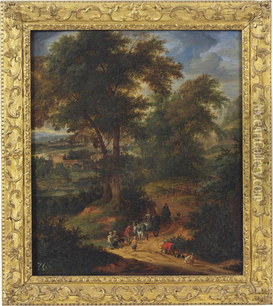 A Wooded Landscape With Travellers On A Track Oil Painting - Peeter Bout