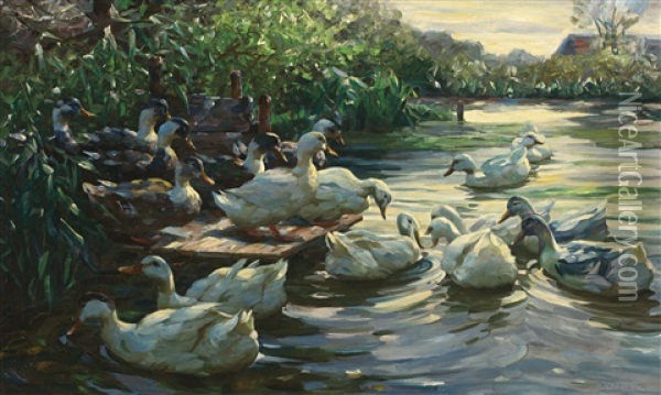 Entem Am Steg (ducks On The Dock) Oil Painting - Alexander Max Koester