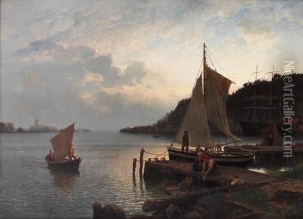 Morgenstemning I En Norsk Havn 1871 1871 Oil Painting - Hans Fredrik Gude