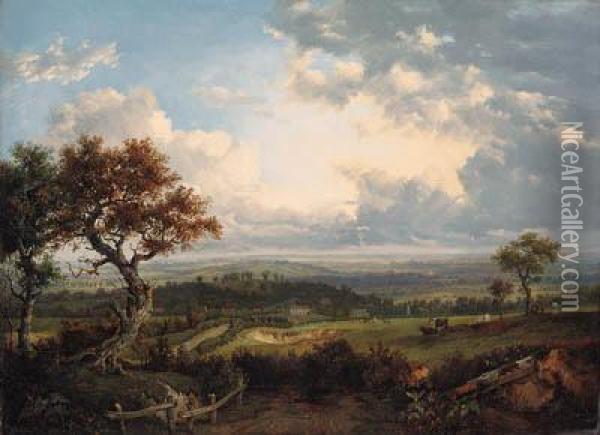 An Extensive Landscape, With Figures And Cattle In The Foregroundand A Village Beyond Oil Painting - Patrick, Peter Nasmyth