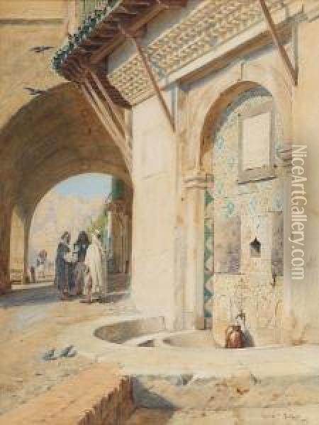 Moroccan Street Scene, With Figures Conversing Beneath An Arch Oil Painting - George Quartus Pine Talbot
