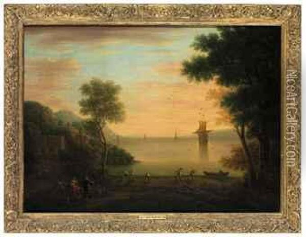 An Italianate Landscape At Sunset, With Figures And Fishermen Inthe Foreground Oil Painting - John Wootton