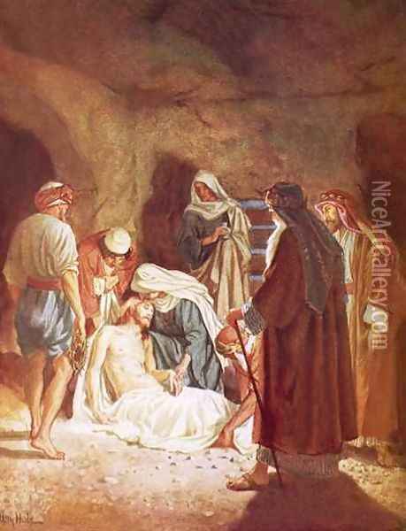 Joseph of Arimathaea lying the body of Jesus in his own tomb Oil Painting - William Brassey Hole