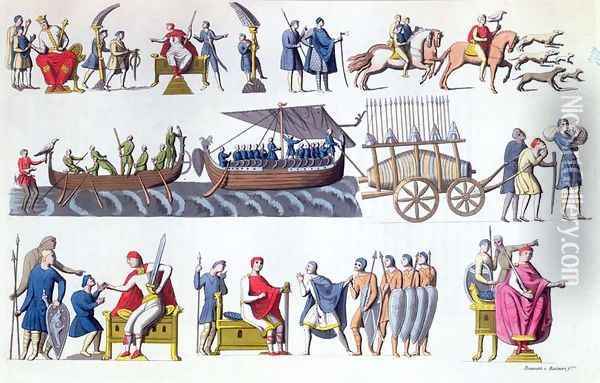 Harold II c.1022-66 leading his troops and other scenes from the Bayeux Tapestry, from Costumes Ancien et Moderne by Jules Ferrario, engraved by G. Bramatti, Milan, 1820 Oil Painting - Vittorio Raineri