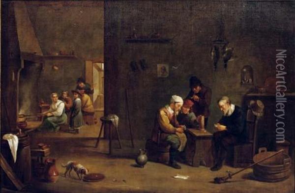 Peasants Playing Cards, Smoking 
And Drinking In An Interior, A Woman And Children By A Fireplace In The 
Background Oil Painting - David The Younger Teniers