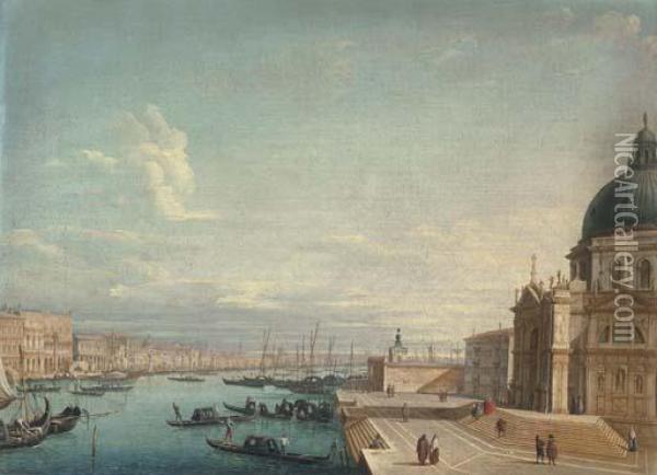 Venice: The Entrance Of Grand 
Canal Looking East With Santa Mariadella Salute And The Dogana, The 
Bacino Of San Marco Beyond Oil Painting - (Giovanni Antonio Canal) Canaletto