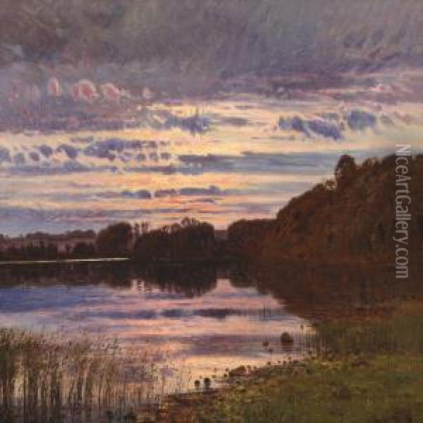 Sunset At Tulstrup Lake In North Jutland Oil Painting - Anton Erik Ch. Thorenfeld