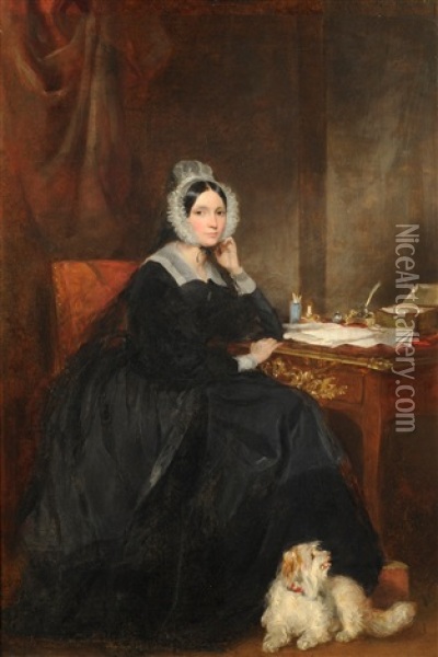 Portrait Of Charlotte, Lady Malcolm, Seated Beside A Desk, A Dog At Her Feet Oil Painting - Sir Francis Grant