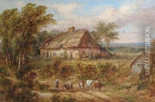 Outside The Cottage Door; Herding The Cattle Outside The Cottage Oil Painting - Thomas Henri Thomas