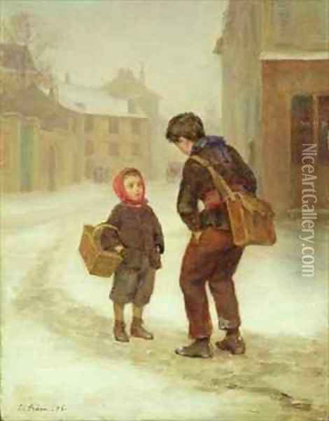 On the way to school in the snow Oil Painting - Edouard Frere