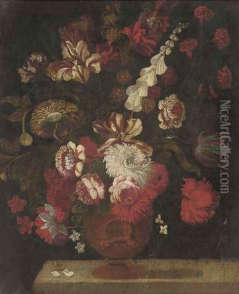 Parrot tulips, chrysanthemums, roses and other flowers in an urn on a ledge Oil Painting - Andrea Scacciati I