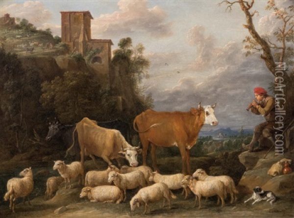 Shepherds With Their Flocks In An Arcadian Landscape Oil Painting - David Teniers III
