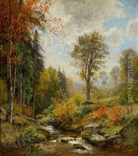 Lauschiger Bach Mit Rehen An Einem Prachtvollen Herbsttag Oil Painting - Adolf Gustav Schweitzer