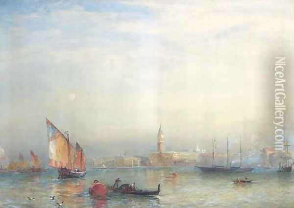A view across the Venetian Lagoon, with the English steam yacht Cuhona announcing her arrival with a flaghoist Oil Painting - Sir Oswald Walters Brierly