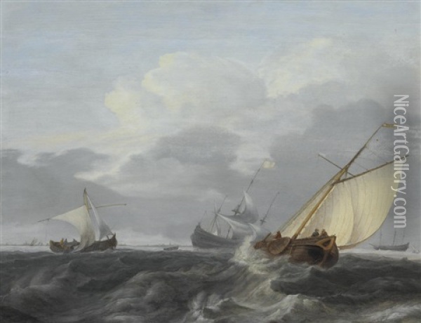 Dutch Ships In A Stiff Breeze, With A Coastline Beyond Oil Painting - Aernout (Johann Arnold) Smit